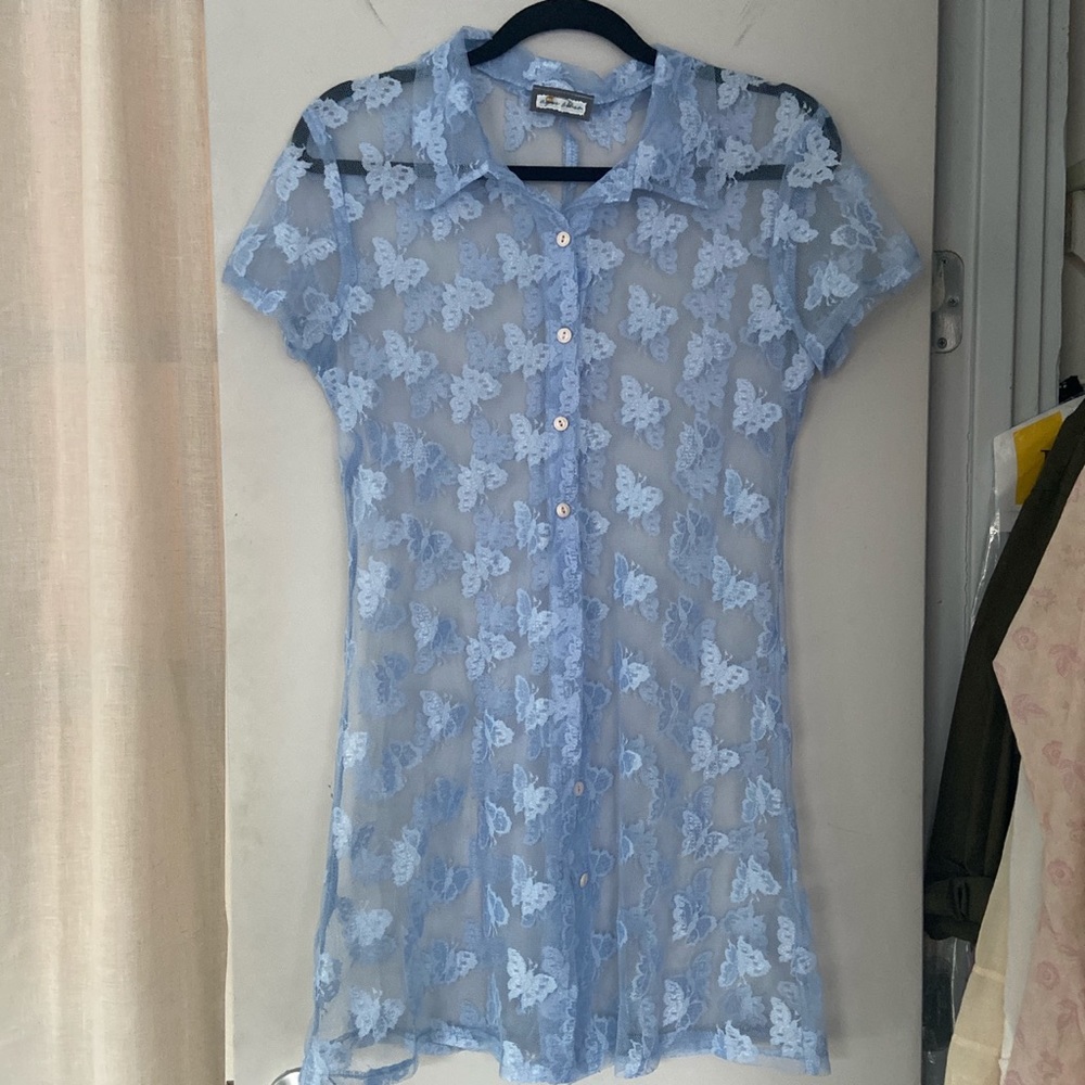 Y2K blue butterfly mesh dress